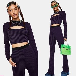 Knit sweater crop top flare pants set purple